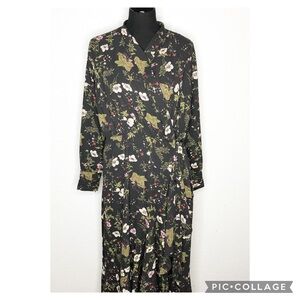 Pascal black white green floral faux wrap long sleeve maxi dress size Medium